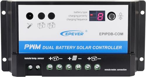 EVPEVER 20A Solar Charge Controller 12V/24V Auto Working Dual Battery Solar Panel Charge Controller PWM 20AMP Intelligent Solar Panel Batteries Regulator for Motorhome, Caravan, Boat