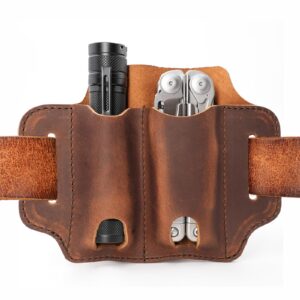 xxl edc leather sheath for leatherman multitools sheath, edc belt sheath pocket organizer for 5 inch knives tactical flashlights tools, leather holster for leatherman multitool flashlight, chestnut.