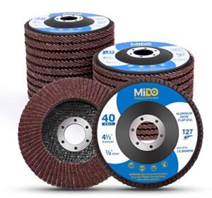mido professional abrasive flap disc 4 1/2 inch 20 pack for angle grinder sanding disc assorted grit 40 60 80 120 aluminum oxide sanding grinding wheels 4.5 x 7/8 inch flat type #27