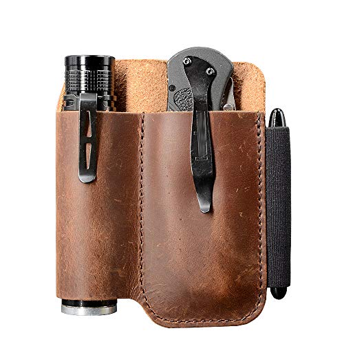 EDC Leather Belt Knife Sheath Organizer for 4.5" Knife, Fit 1.1" Diameter Tactical Flashlight, Belt Tool Pouch, Pocket Slip Pouch, Pen Loop, EDC Holster Essential Carrier, Premium Leather. Chestnut.