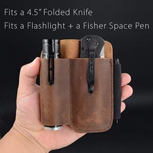 EDC Leather Belt Knife Sheath Organizer for 4.5" Knife, Fit 1.1" Diameter Tactical Flashlight, Belt Tool Pouch, Pocket Slip Pouch, Pen Loop, EDC Holster Essential Carrier, Premium Leather. Chestnut.