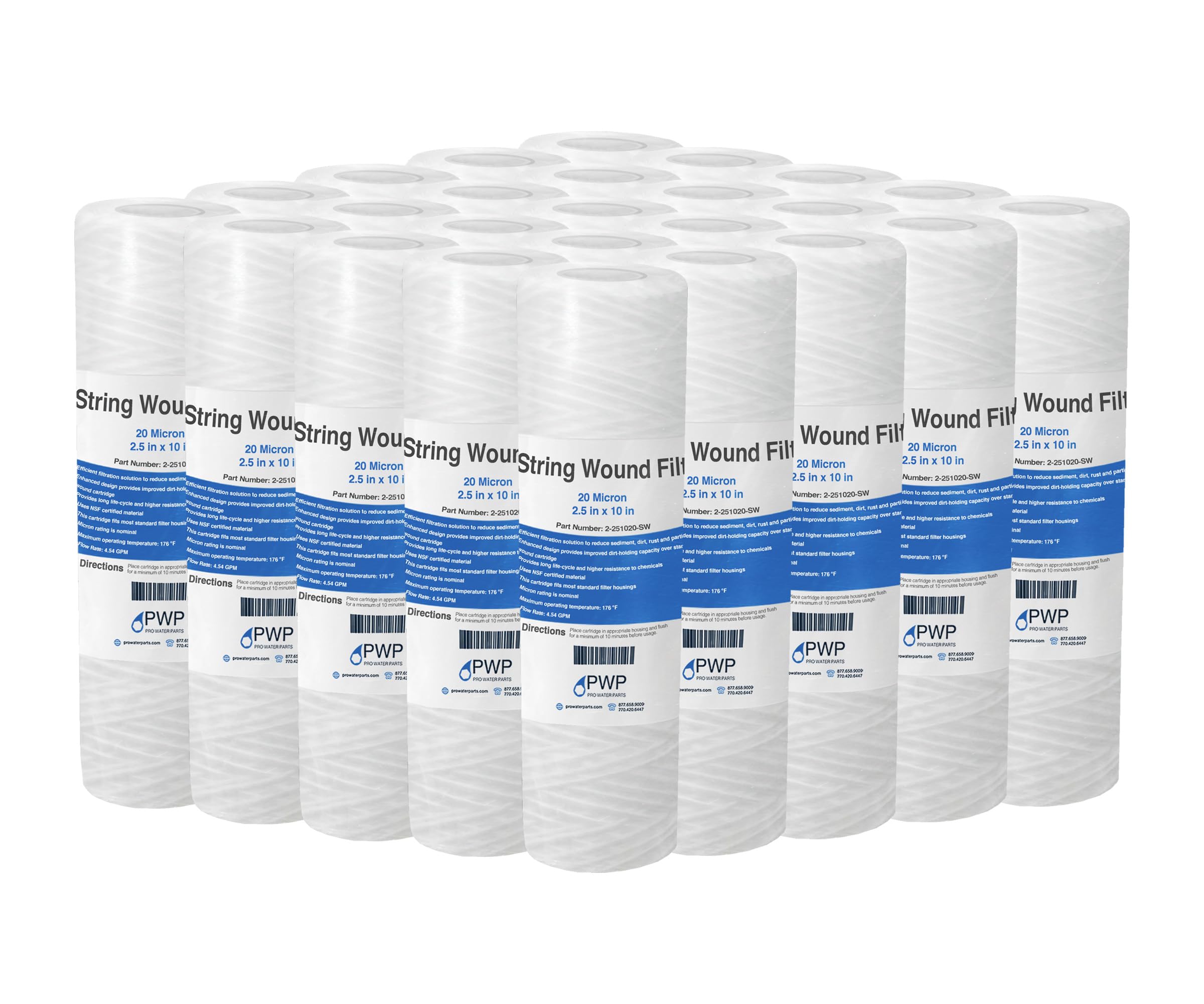 Sediment String Wound Water Filter Cartridge Standard 2.5x10" 20 Micron 25 Pack