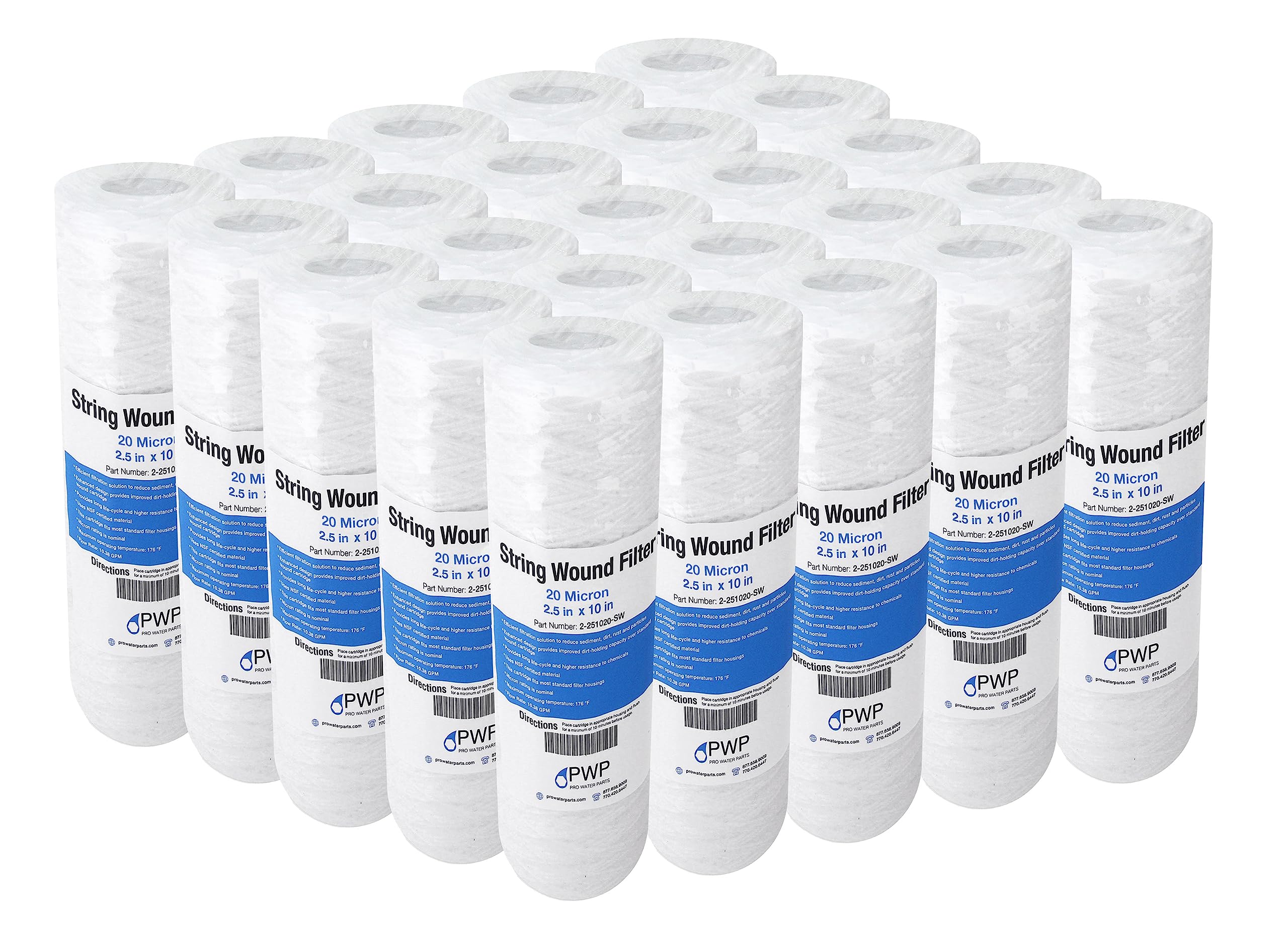 Sediment String Wound Water Filter Cartridge Standard 2.5x10" 20 Micron 25 Pack