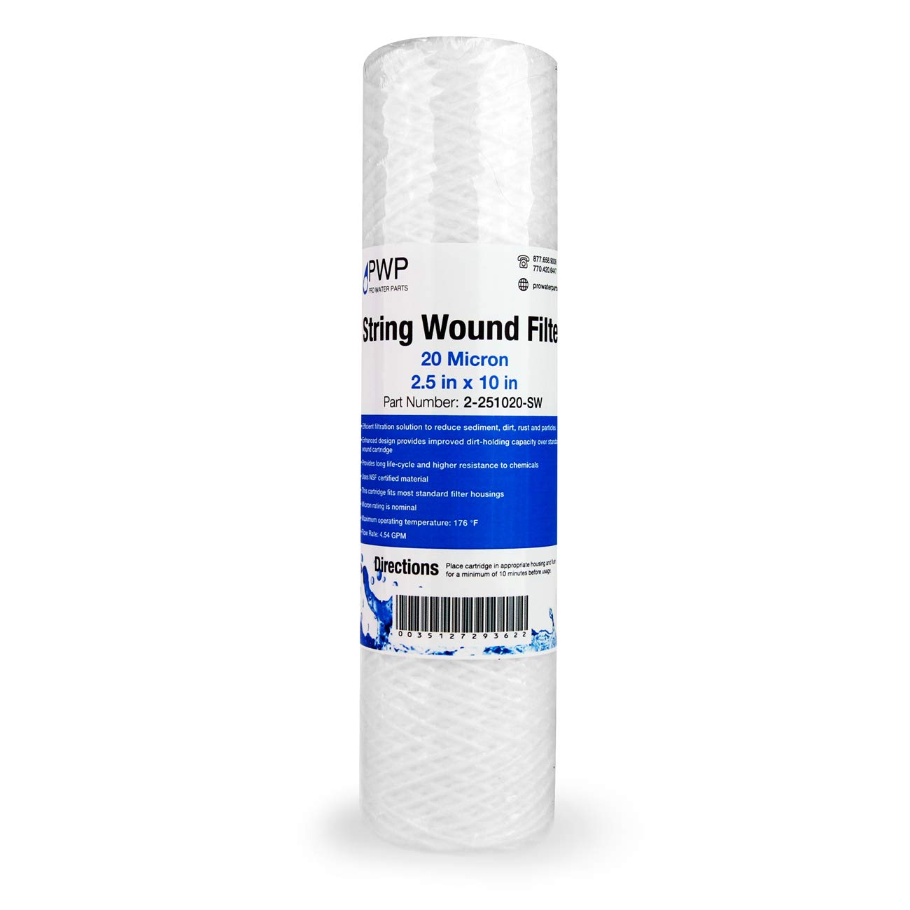 Sediment String Wound Water Filter Cartridge Standard 2.5x10" 20 Micron 25 Pack