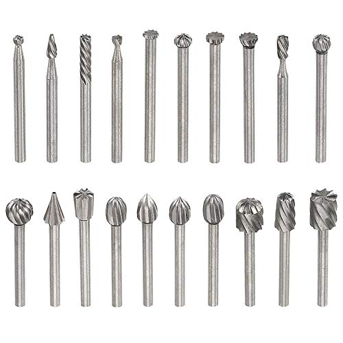 Yakamoz 20pcs 1/8" (3mm) Shank High Speed Steel Rotary Files Burrs Wood Milling Rotary File Burr Set for DIY Woodworking Carving Engraving Drilling