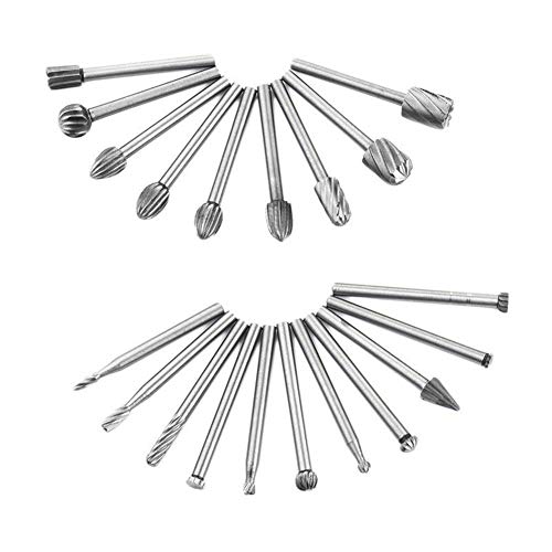 Yakamoz 20pcs 1/8" (3mm) Shank High Speed Steel Rotary Files Burrs Wood Milling Rotary File Burr Set for DIY Woodworking Carving Engraving Drilling