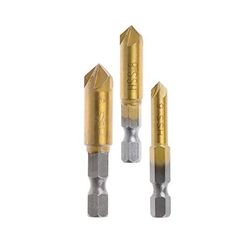 Countersink Drill Bit Set 3 Pcs 1/4'' Hex Shank High Carbon Steel 5 Flute Countersink 90 Degree Center Punch Tool Sets for Wood Quick Change Bits 6mm 8mm 9mm