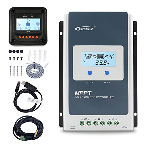 EPEVER 30A Solar Charge Controller MPPT 12V / 24V Auto Max.PV 100V Input Negative Ground Solar Panel Charge Regulator with MT50 Remote Meter Temperature Sensor RTS & PC Communication Cable RS485