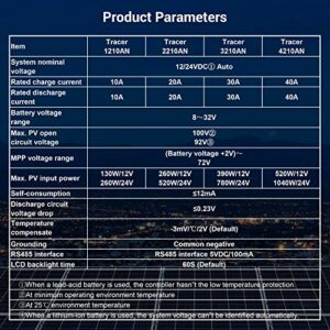 EPEVER 30A Solar Charge Controller MPPT 12V / 24V Auto Max.PV 100V Input Negative Ground Solar Panel Charge Regulator with MT50 Remote Meter Temperature Sensor RTS & PC Communication Cable RS485