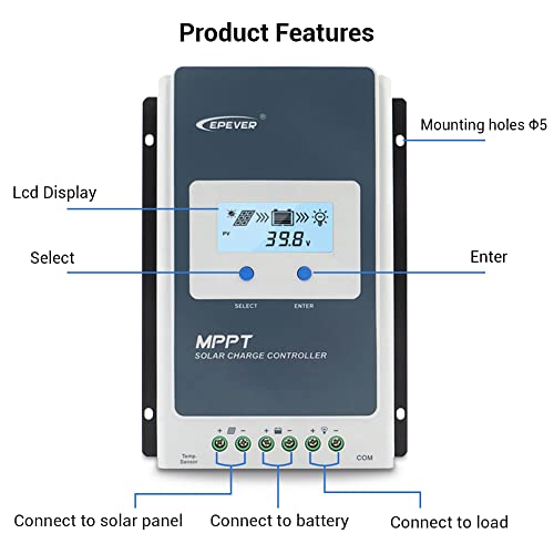 EPEVER 30A Solar Charge Controller MPPT 12V / 24V Auto Max.PV 100V Input Negative Ground Solar Panel Charge Regulator with MT50 Remote Meter Temperature Sensor RTS & PC Communication Cable RS485
