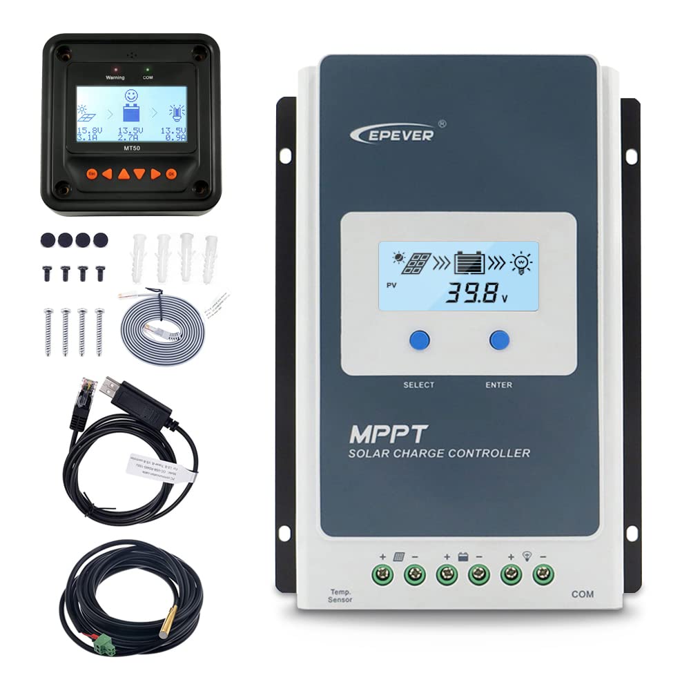 EPEVER 20A Solar Charge Controller MPPT 12V / 24V Auto Max.PV 100V Input Negative Ground Solar Panel Charge Regulator with MT50 Remote Meter Temperature Sensor RTS & PC Communication Cable RS485