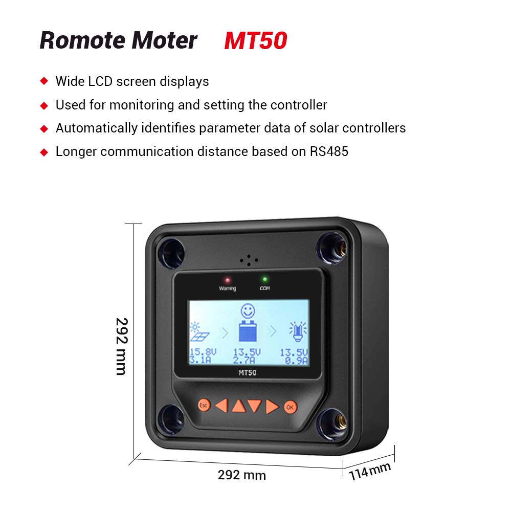 EPEVER 20A Solar Charge Controller MPPT 12V / 24V Auto Max.PV 100V Input Negative Ground Solar Panel Charge Regulator with MT50 Remote Meter Temperature Sensor RTS & PC Communication Cable RS485