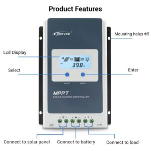 EPEVER 20A Solar Charge Controller MPPT 12V / 24V Auto Max.PV 100V Input Negative Ground Solar Panel Charge Regulator with MT50 Remote Meter Temperature Sensor RTS & PC Communication Cable RS485