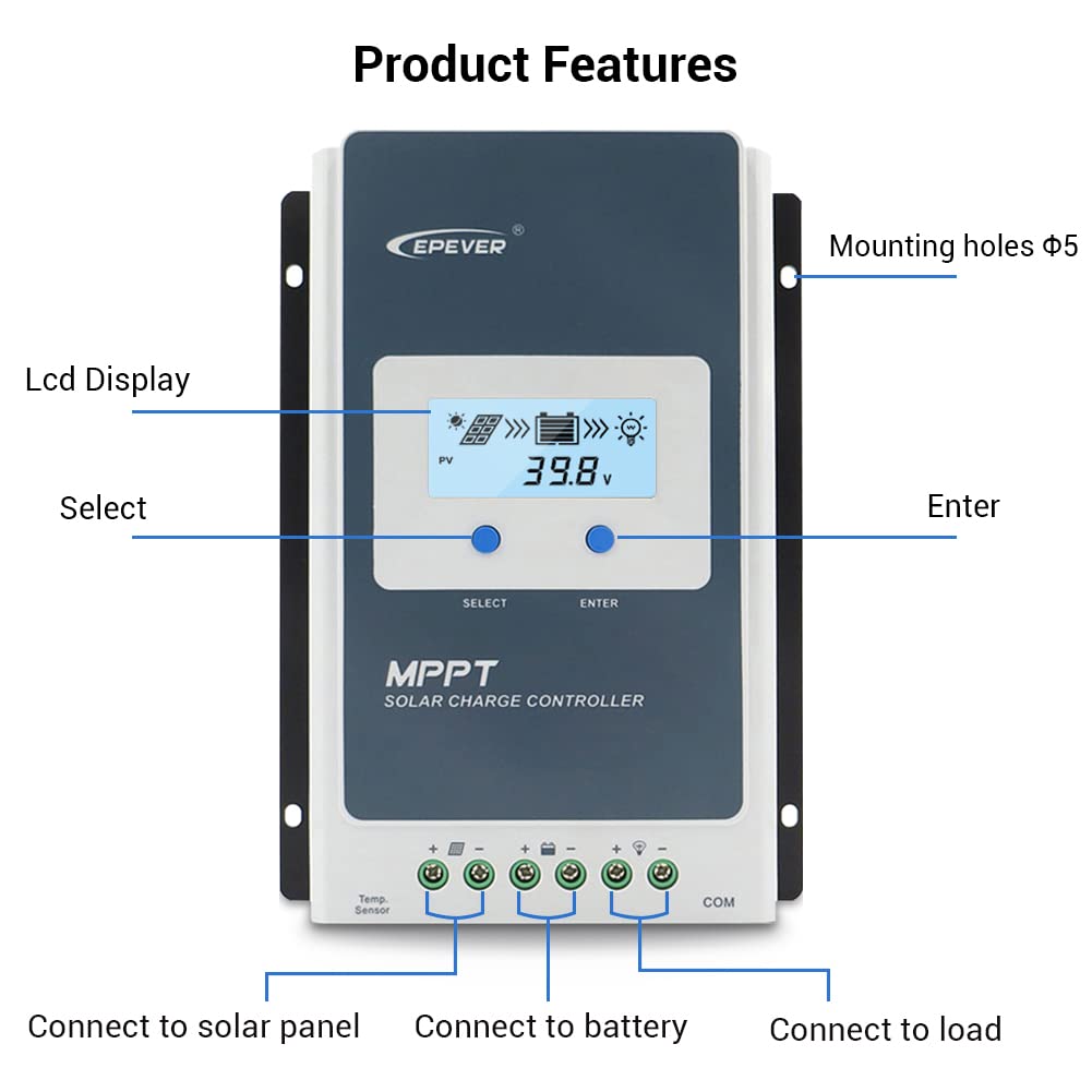 EPEVER 20A Solar Charge Controller MPPT 12V / 24V Auto Max.PV 100V Input Negative Ground Solar Panel Charge Regulator with MT50 Remote Meter Temperature Sensor RTS & PC Communication Cable RS485