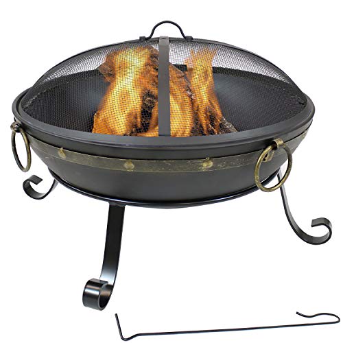 Sunnydaze 25-Inch Diameter Victorian Steel Outdoor Wood Burning Fire Bowl with Handles and Spark Screen - Outside Metal Backyard Bonfire Patio Fire Pit