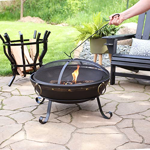 Sunnydaze 25-Inch Diameter Victorian Steel Outdoor Wood Burning Fire Bowl with Handles and Spark Screen - Outside Metal Backyard Bonfire Patio Fire Pit