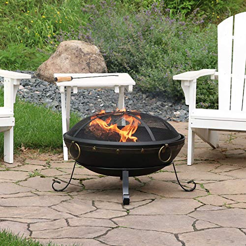 Sunnydaze 25-Inch Diameter Victorian Steel Outdoor Wood Burning Fire Bowl with Handles and Spark Screen - Outside Metal Backyard Bonfire Patio Fire Pit