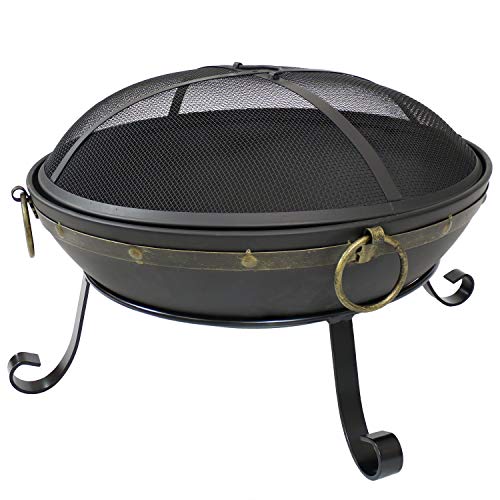 Sunnydaze 25-Inch Diameter Victorian Steel Outdoor Wood Burning Fire Bowl with Handles and Spark Screen - Outside Metal Backyard Bonfire Patio Fire Pit