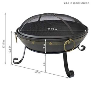 Sunnydaze 25-Inch Diameter Victorian Steel Outdoor Wood Burning Fire Bowl with Handles and Spark Screen - Outside Metal Backyard Bonfire Patio Fire Pit