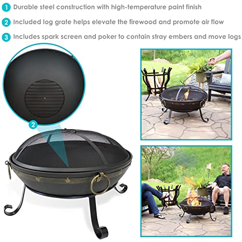 Sunnydaze 25-Inch Diameter Victorian Steel Outdoor Wood Burning Fire Bowl with Handles and Spark Screen - Outside Metal Backyard Bonfire Patio Fire Pit