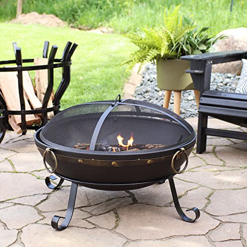 Sunnydaze 25-Inch Diameter Victorian Steel Outdoor Wood Burning Fire Bowl with Handles and Spark Screen - Outside Metal Backyard Bonfire Patio Fire Pit