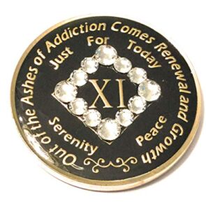recovery line 11 year na bling medallion - black, chip, coin token, with swarvoski crystals