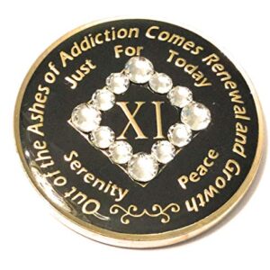 Recovery Line 11 Year NA Bling Medallion - Black, Chip, Coin Token, with Swarvoski Crystals