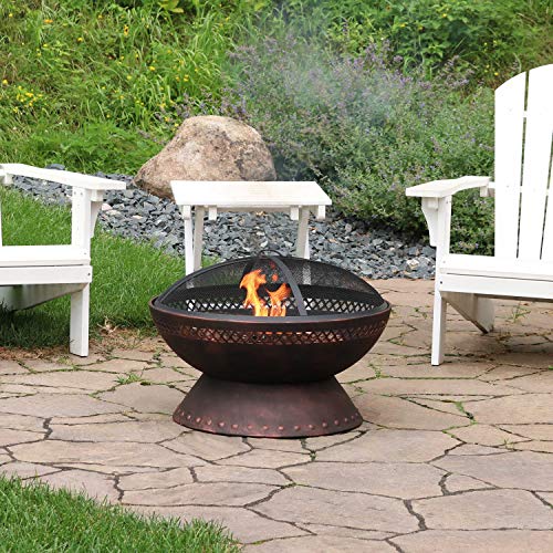 Sunnydaze 25-Inch Chalice Steel Wood-Burning Fire Pit with Spark Screen and Poker - Copper Finish