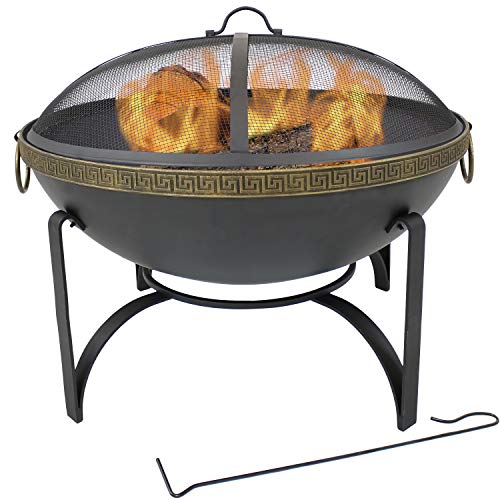 Sunnydaze 26-Inch Diameter Contemporary Steel Outdoor Wood Burning Fire Bowl with Handles and Spark Screen - Outside Metal Backyard Bonfire Patio Fire Pit