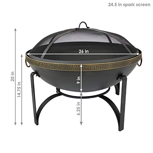 Sunnydaze 26-Inch Diameter Contemporary Steel Outdoor Wood Burning Fire Bowl with Handles and Spark Screen - Outside Metal Backyard Bonfire Patio Fire Pit