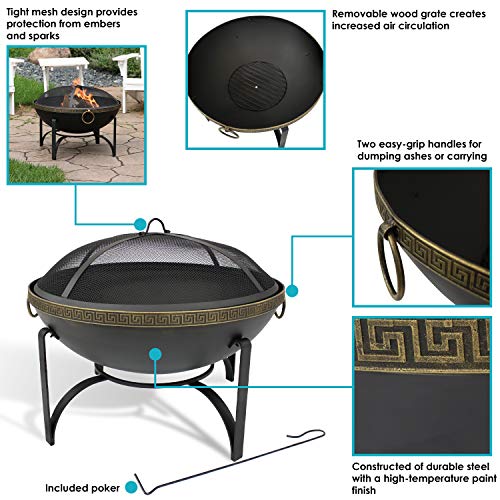 Sunnydaze 26-Inch Diameter Contemporary Steel Outdoor Wood Burning Fire Bowl with Handles and Spark Screen - Outside Metal Backyard Bonfire Patio Fire Pit