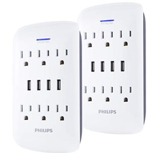 philips 6-outlet extender with 4-usb port surge protector, 2 pack, charging station, 900 joules, grounded power adapter, indicator light, 3-prong, 4.2 amp/21 watt, etl listed, white, spp6469wg/37