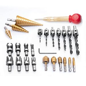 loboo idea 26 pieces/set drilling tools, including 6 countersink drill bits, 7 three pointed drill bit,1 l-wrench, 8 wood plug cutter, 4 step drill bit set (26 pieces/set, gold and silver)