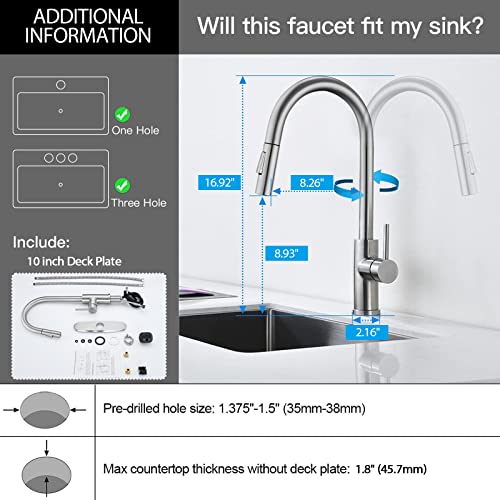 VAKITAP Kitchen Faucets Brushed Nickel,Modern Kitchen Sink Faucet with Pull-Down Sprayer Single Handle Stainless Steel Sink Faucet for Kitchen with Deck Plate