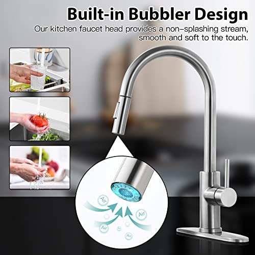 VAKITAP Kitchen Faucets Brushed Nickel,Modern Kitchen Sink Faucet with Pull-Down Sprayer Single Handle Stainless Steel Sink Faucet for Kitchen with Deck Plate