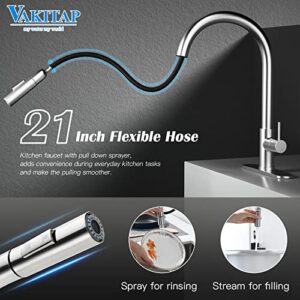 VAKITAP Kitchen Faucets Brushed Nickel,Modern Kitchen Sink Faucet with Pull-Down Sprayer Single Handle Stainless Steel Sink Faucet for Kitchen with Deck Plate