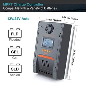 MPPT Solar Charge Controller 100 amp, 100A Solar Controller MPPT 12V/ 24V DC Auto Max 96V 2600W Input fit for 12V/24V AGM Gel Sealed Flooded Batteries