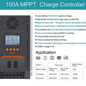 MPPT Solar Charge Controller 100 amp, 100A Solar Controller MPPT 12V/ 24V DC Auto Max 96V 2600W Input fit for 12V/24V AGM Gel Sealed Flooded Batteries