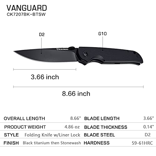 Harnds Vanguard CK7207 Folding Knife Compact EDC with D2 Steel Blade Pocket Knife G10 Handle with Thumb Stub Liner Lock and Reversible two-position Pocketclip (black titanium+stonewash+black)