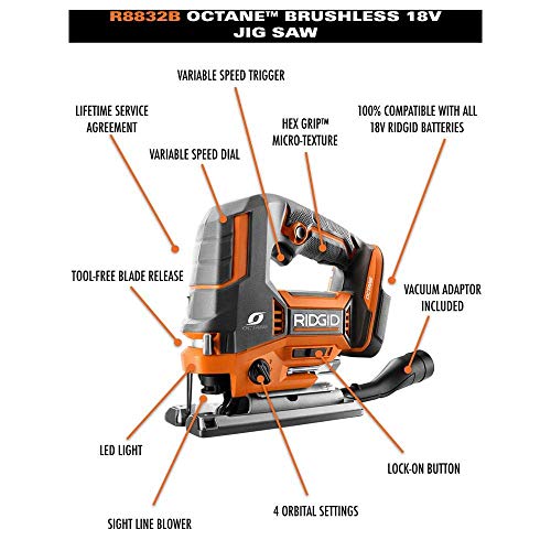 Ridgid 18-Volt OCTANE Cordless Brushless Jig Saw (Tool Only), (Bulk Packaged, Non-Retail Packaging) (Renewed)