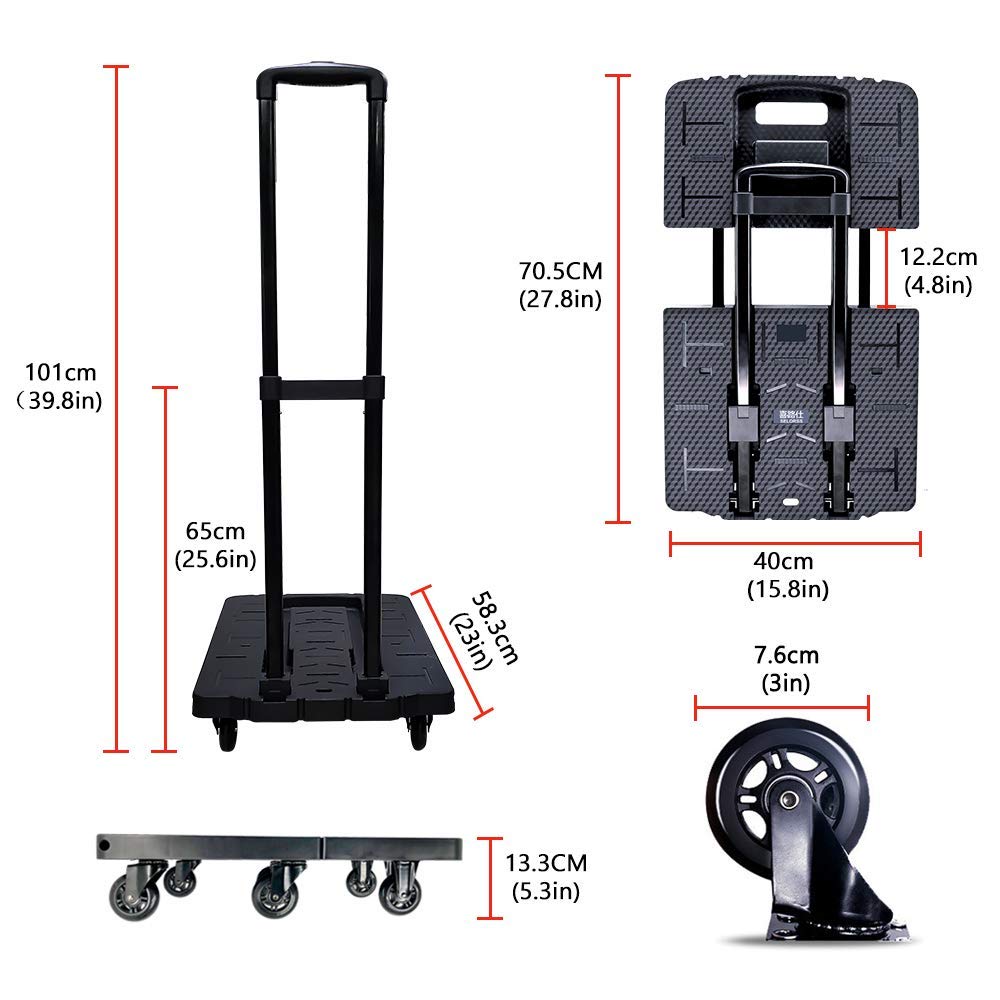 Folding Hand Truck, Wear-Resistant Noiseless 360°Rotate 7 Wheels 245KG/540LBS Capacity Extendable Large Base Adjustable Handle Portable Heavy Duty and Durable Trolley Dolly For Cargo Handling Shopping