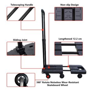 Folding Hand Truck, Wear-Resistant Noiseless 360°Rotate 7 Wheels 245KG/540LBS Capacity Extendable Large Base Adjustable Handle Portable Heavy Duty and Durable Trolley Dolly For Cargo Handling Shopping