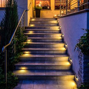 dbf 30 led solar step lights outdoor【6 pack-warm white】 stainless steel bright solar deck lights waterproof solar stair lights with auto on/off solar lights for decks steps fence patio yard pathway