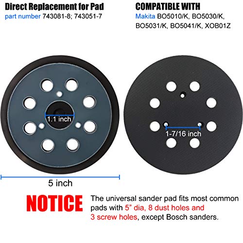 Replacement Sander Pad for Makita 743081-8, 743051-7 - Fit Makita BO5041/K, BO5010/K, BO5030/K, BO5031/K, XOB01Z Random Orbital Sanders - Standard 5" Hook and Loop Sander Pad