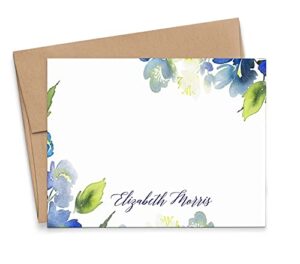 personalized floral stationary with envelopes, flat or folded, watercolor floral stationery set for women, blue and green personalized floral notecards with envelopes, choice of colors and quantity