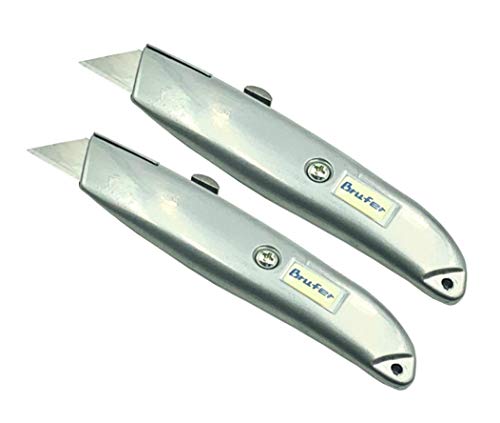 BRUFER 215027 Heavy Duty Metal Box Cutters with Retractable Blades - Bulk Pack of 2 Metal Utility Knives