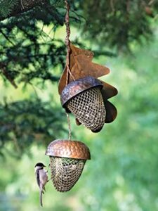 gardener's supply company acorn bird feeder | sturdy squirrel proof outdoor garden hanging wild bird feeders | 2 acorn feeder, metal leaf & hanger - holds 2 cups of seed
