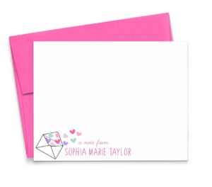 personalized girls stationary with envelopes flat note cards, heart stationary with envelopes, personalized girls note cards with heart note cards with envelopes, your choice of colors and quantity