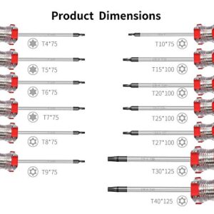 RONMAR 13-Piece Magnetic Torx Screwdrivers Set, Security Tamper Proof, T4、T5、T6、T7、T8、T9、T10、T15、T20、T25、T27、T30、T40 (red)