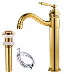 gotonovo bathroom sink faucets polished gold one hole single handle tall body swivel spout gold finish pop up drain without overflow vessel faucet